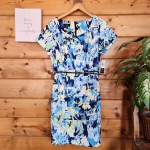 AGB NWT Blue Abstract Watercolor Floral Belted Sheath Dress Stretch Twill Sz 16W